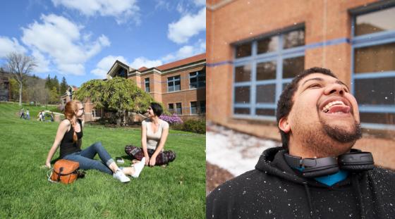 夏天坐在院子外面的学生和冬天捕捉雪花的学生